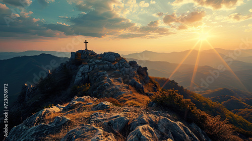 Cross on the top of the mountain with sunset background photo