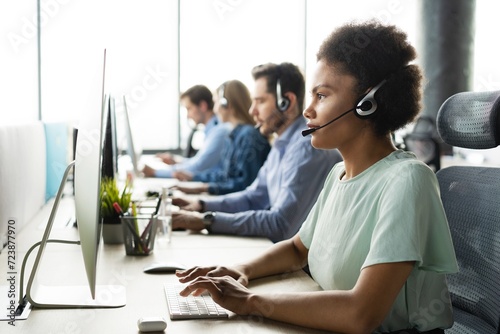 Colleagues working in a call center. photo