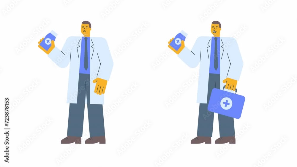 Doctor in robe holds bottle with pills holds suitcase and smiles. Alpha channel Doctor in robe holds bottle with pills holds suitcase and smiles. Alpha channel