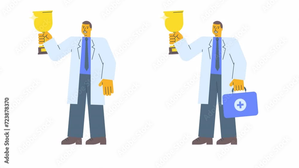 Doctor in robe holds gold cup holds suitcase and smiles. Alpha channel Doctor in robe holds gold cup holds suitcase and smiles. Alpha channel