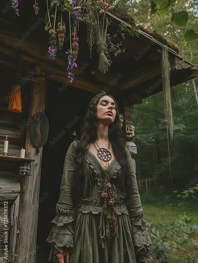 Beautiful woman in nature, Esoteric spring Equinox ritual, magic mysticism, offering in nature