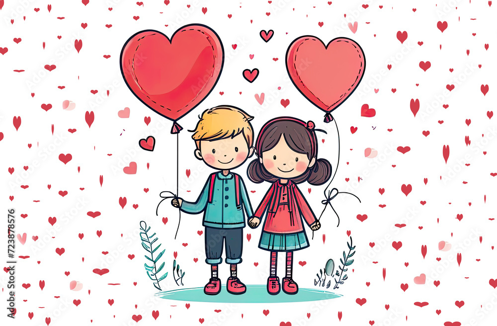 two joyful, cute children are holding pink and red balloons in their hands and smiling happily. Valentine, Birthday card