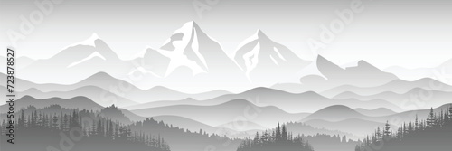 Black and white mountain landscape  panoramic view  vector illustration