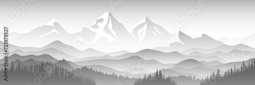 Black and white mountain landscape, panoramic view, vector illustration