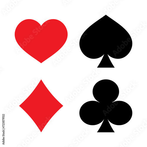 Four suits of playing cards in poker - hearts, diamonds, spades, clubs. Playing cards icons isolated on white background. Vector illustration.