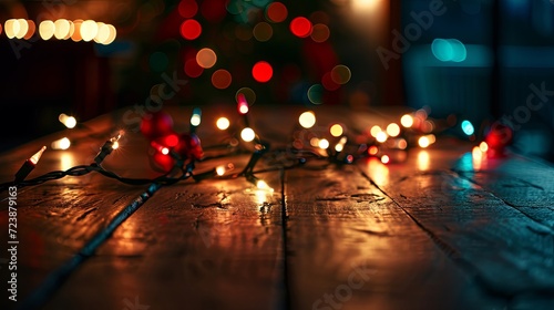 Wooden table at a Christmas tree with defocused bokeh blurred Christmas lights on the background, in the style of uhd image, tonalist painting.