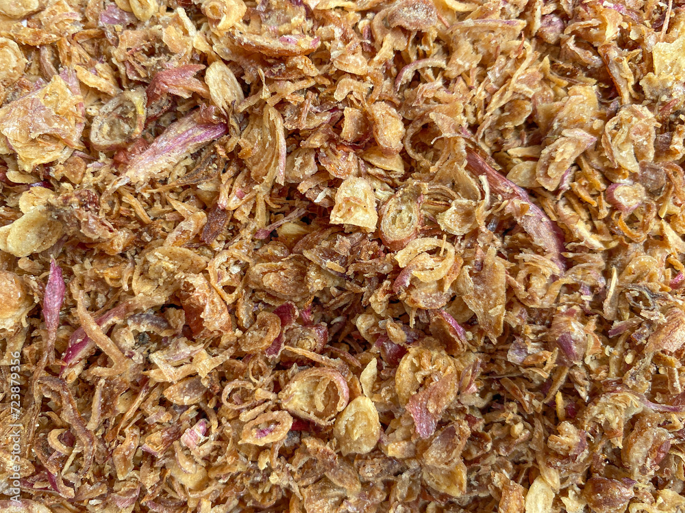 Fried onion crisp texture, flat lay or top view