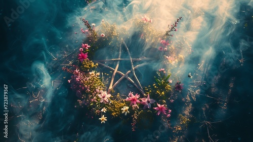 Esoteric spring Equinox ritual, magic mysticism, offering in nature photo