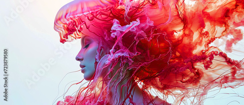 Surreal portrait of a woman with a huge pink jellyfish on her head photo