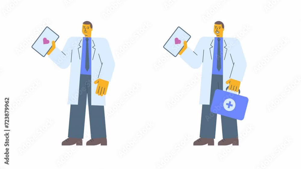 Doctor in robe holds tablet with picture heart holds suitcase and smiles. Alpha channel Doctor in robe holds tablet with picture heart holds suitcase and smiles. Alpha channel