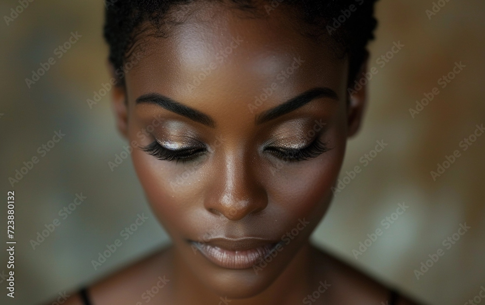 Multiracial Woman Wearing Black Dress With Gold Eyeshadow
