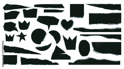 Set of torn paper pieces. Black grunge jagged heart  crown  speech bubble  star frames. Vector torn paper sheet for sticker  collage  banner. Ripped geometric shapes isolated on white background