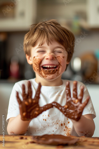 Adorable child laughing with hand and face dirty with chocolate  cake  happy moment