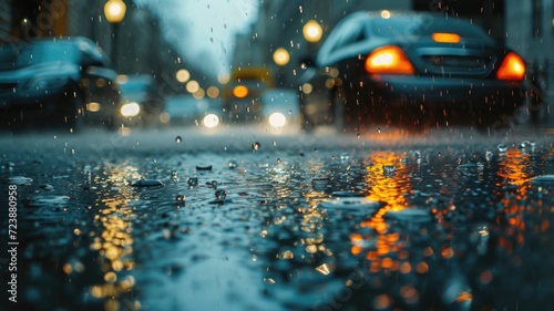 Raindrops reflecting city lights on cars and wet street