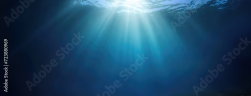Underwater Dreamscape with Sunlight Penetrating the Depths. Tranquil and otherworldly undersea background. Panorama with copy space. photo