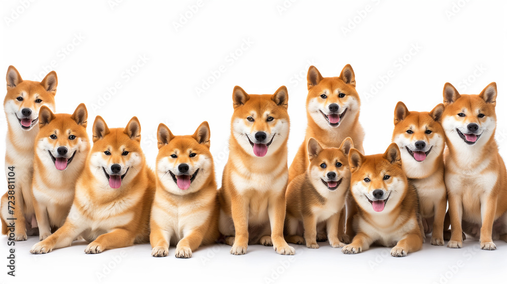 Shiba inu dogs in a row. Isolated on white background