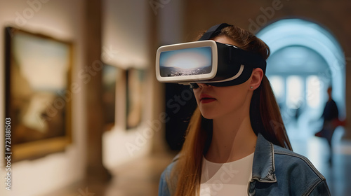 Young Woman Experiencing Virtual Museum Tour with VR Headset