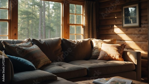 Couch sofa with pillows on a cabin living room and sunlight rays of the morning from Generative AI