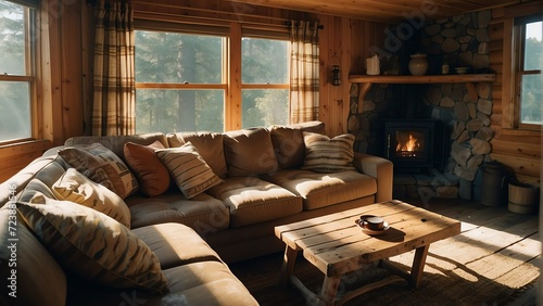 Couch sofa with pillows on a cabin living room and sunlight rays of the morning from Generative AI © sevenSkies