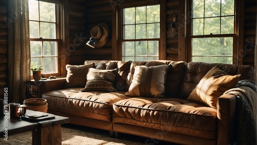 Couch sofa with pillows on a cabin living room and sunlight rays of the morning from Generative AI © sevenSkies