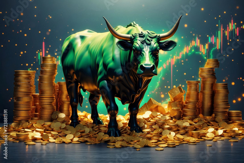 A bull surrounded by gold coins and charts in the background photo