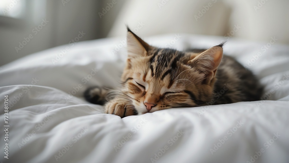 Cute kitten sleeping on a white bed from Generative AI