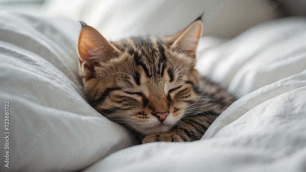 Cute kitten sleeping on a white bed from Generative AI