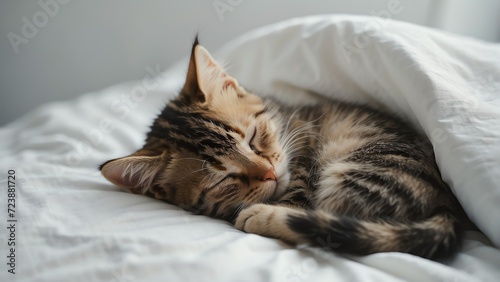 Cute kitten sleeping on a white bed from Generative AI © sevenSkies