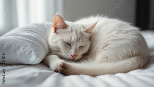 Cute white cat sleeping on a white bed from Generative AI © sevenSkies