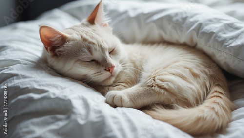 Cute white cat sleeping on a white bed from Generative AI