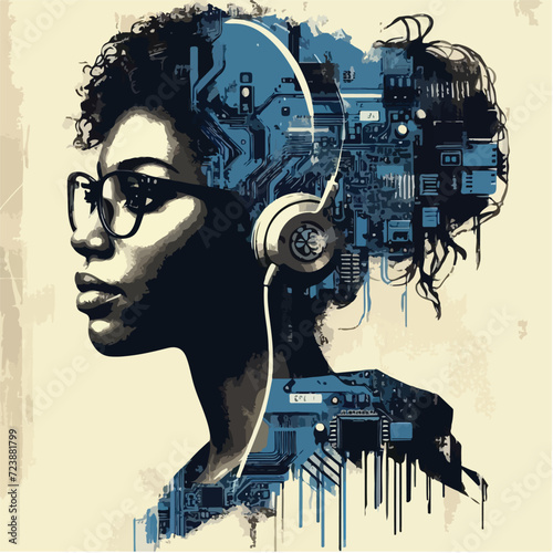 Wheat paste poster featuring a vector illustration of a young woman with headphones, representing a female American computer programmer.