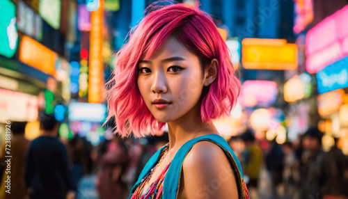 A japanese girl with pink hair enjoying the crowded night city with neon lights.