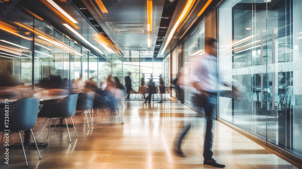 Motion blur of modern business people walking and working