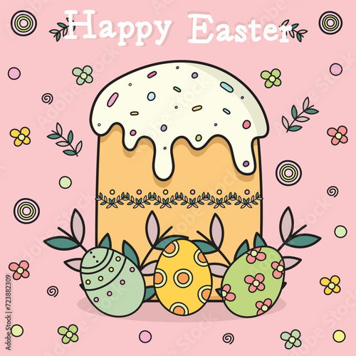 Fototapeta Naklejka Na Ścianę i Meble -  Happy Easter.Easter cake.Calligraphy greeting card with flowers and eggs. Hand drawn design elements on a pink background. Vector illustration.Doodle.Pastel colors.