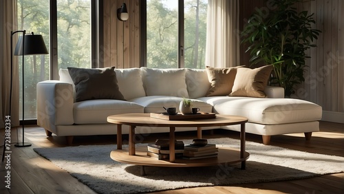 White couch sofa with pillows on a cabin living room and sunlight rays of the morning from Generative AI