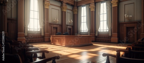 Empty courtroom or law court with a window in the foreground. photo