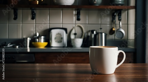 Wooden table on kitchen room with a hot coffee on a mug from Generative AI