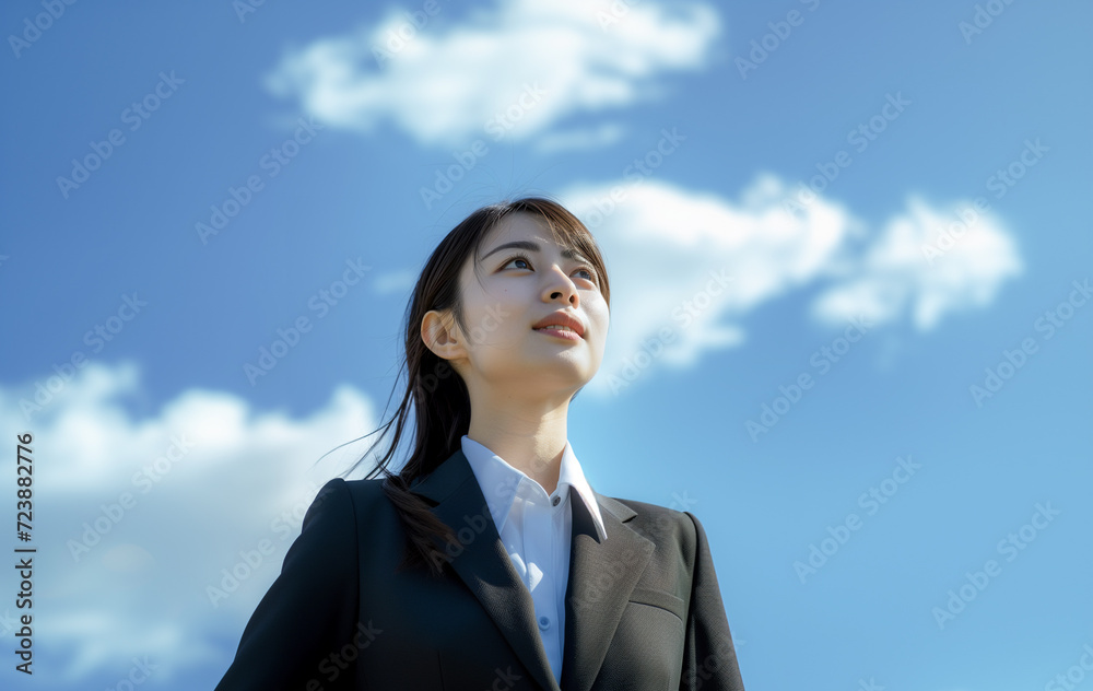 新卒、中堅サラリーマン、ビジネスウーマンが青空背景で立っている 新卒、中堅サラリーマン、ビジネスウーマンが青空背景で立っている