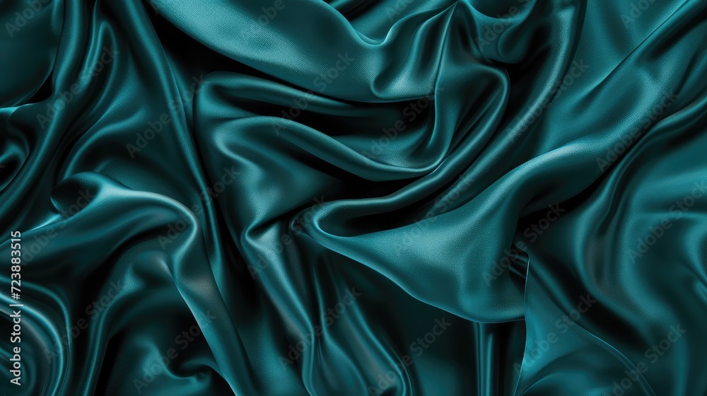 Fototapeta premium Dark teal green silk satin tight Soft wave. Shiny smooth fabric. Soft folds. Luxury background with space for design. web banner. Flat lay, top view table. Birthday