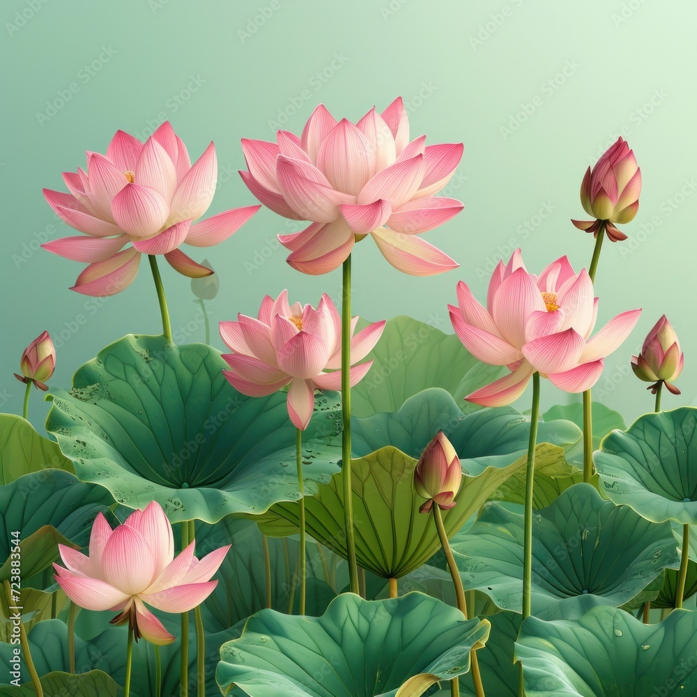 Fototapeta premium lotus flower with green Background of fresh lotus arranged together on whole image 