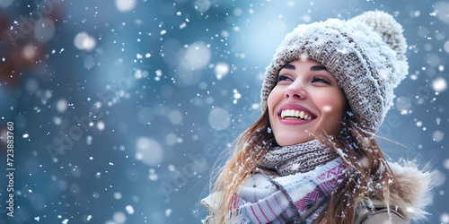 Winter's Beauty: A smiling girl in a blue hat enjoys the snowy season, radiating joy and holiday happiness