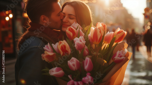 A couple in love hugs and holds a bouquet of pink tulip flowers
