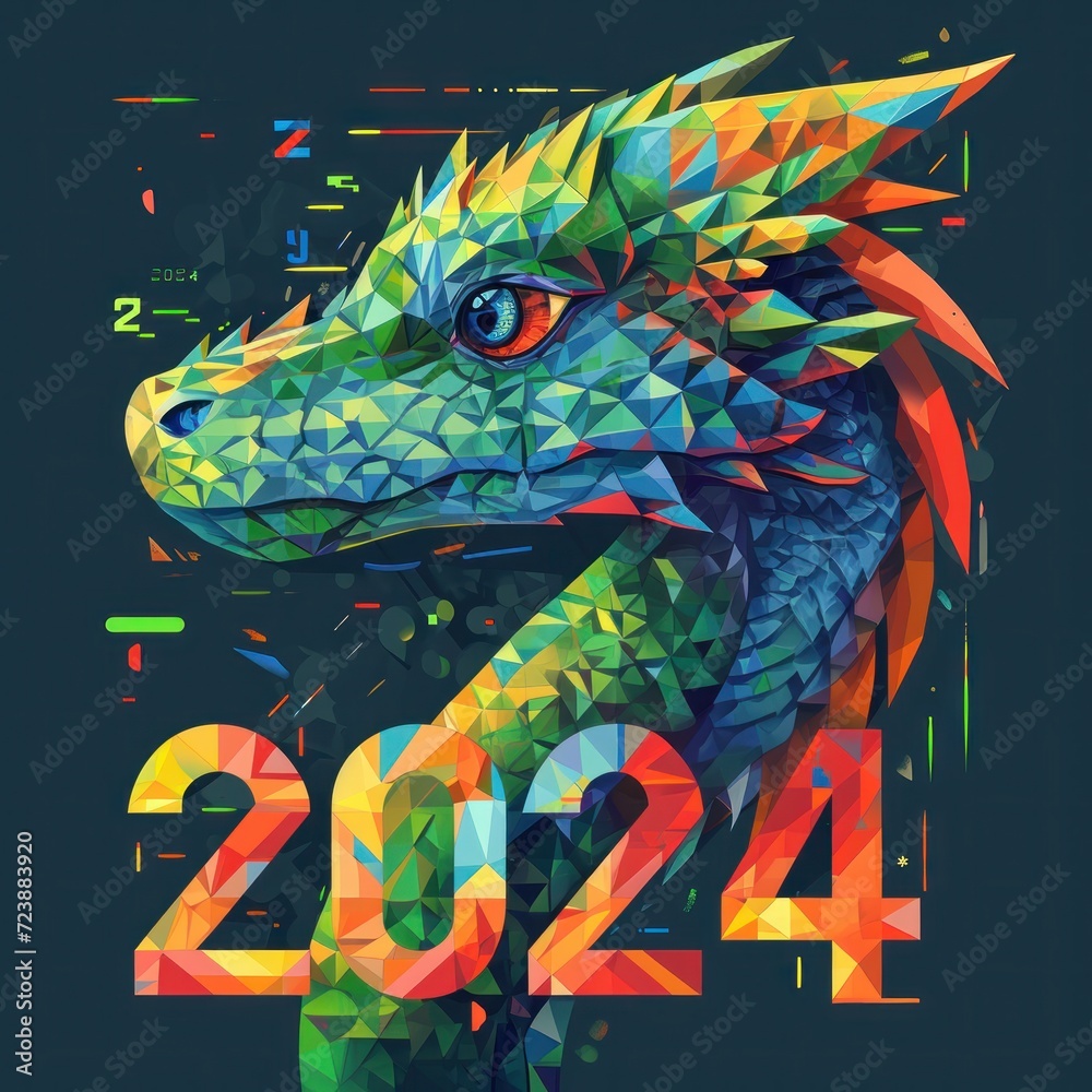 2024 Written along with a Dragon. Geometric Art style. Vector art style. year of dragon. 2024 Written along with a Dragon. Geometric Art style. Vector art style. year of dragon.