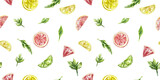 Seamless pattern watercolor fruits citrus lime lemon grape mint rosemary textile wrapping paper
