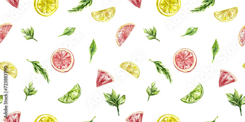 Fototapeta Naklejka Na Ścianę i Meble -  Seamless pattern watercolor fruits citrus lime lemon grape mint rosemary textile wrapping paper