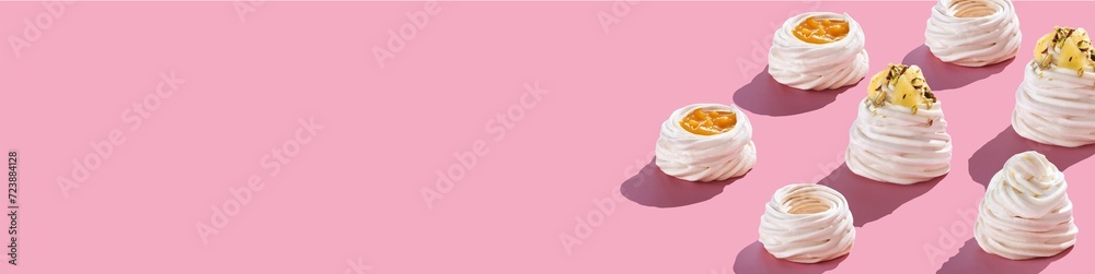 Dessert Anna Pavlova banner pink background. Copy space free place for your text. Pastry chef concept.