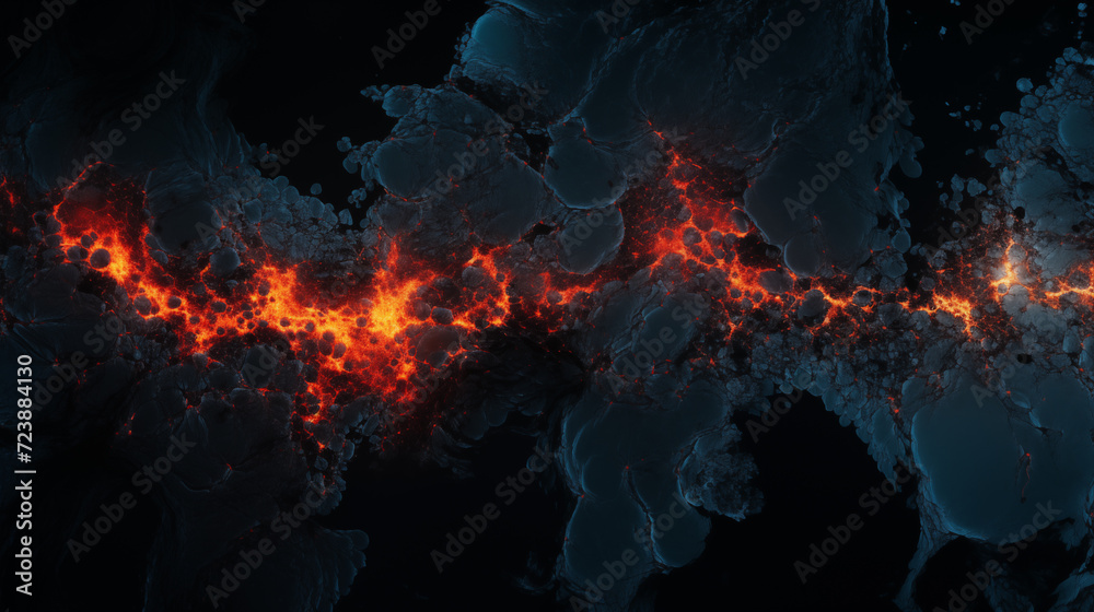Fiery Veins: A Vivid Display of Red Lava Streams Amidst Dark Rocks
