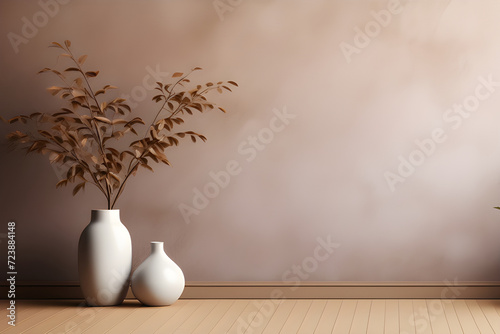 Minimalist interior background of room with brown stucco wall and vase with branch