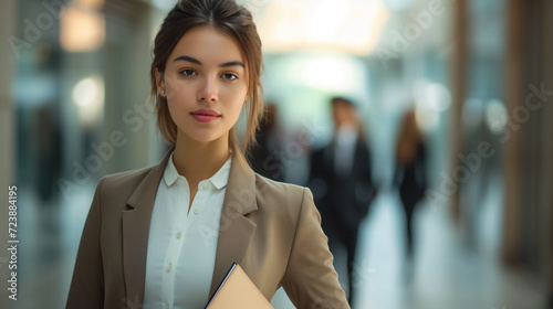 a businesswoman in a beige suit and white shirt in the office 
