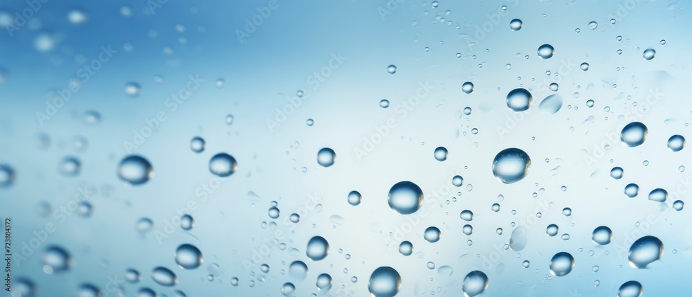 Water drops on glass surface. Raindrops on blue glass background.